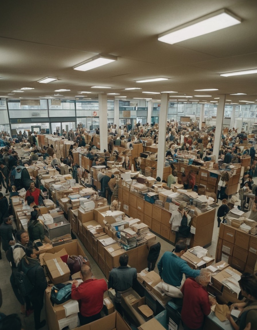 post office, overcrowded, big city, postal service, urban, customer service, queue management