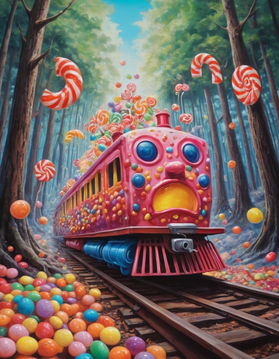 fantasy, candy train, whimsical, forest, magical, transportation, surreal