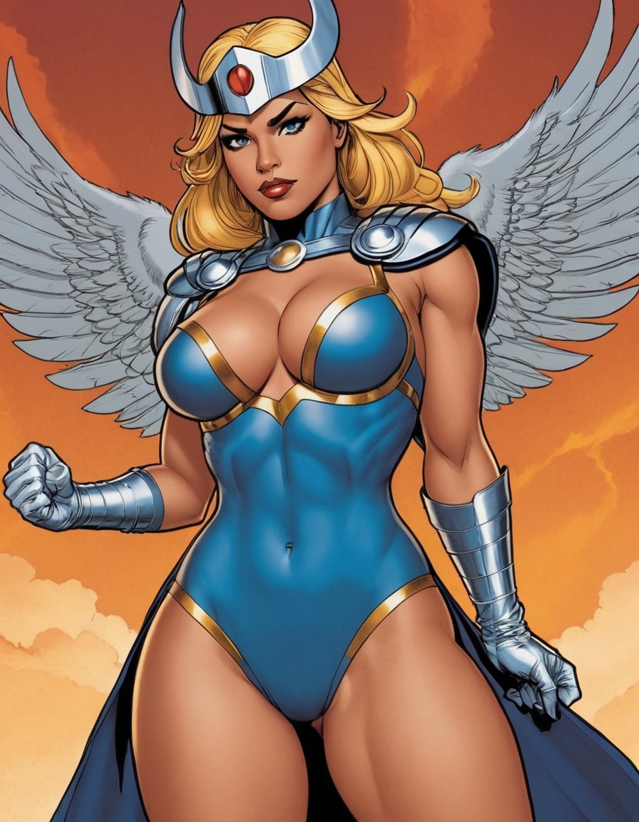 marvel comics, valkyrie, superhero, illustration, powerful pose, sexy, painted