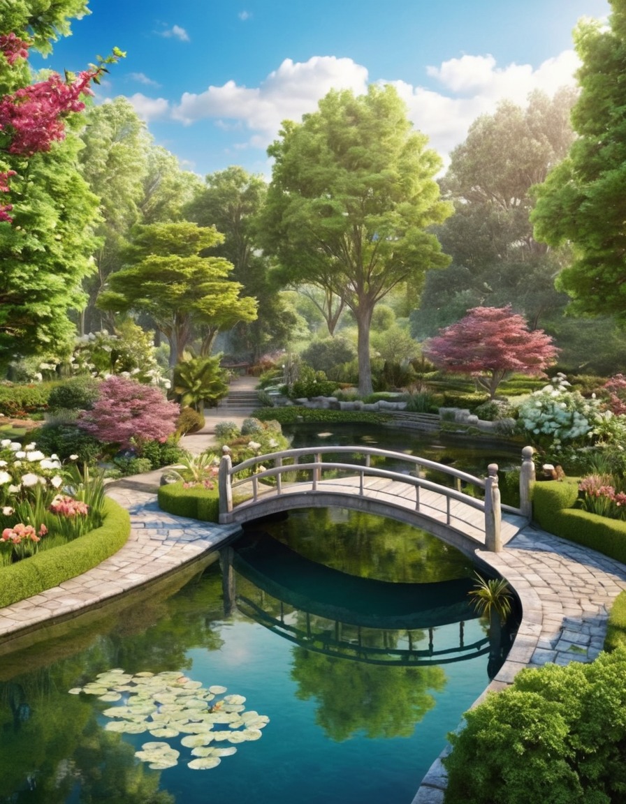 serene, garden, arched bridge, pond