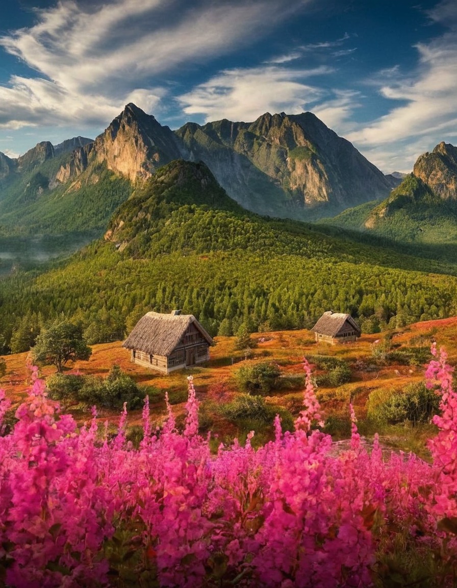 poland, landscape, mountain, cottage, pink flowers, wild flowers, path, nature, flowers, beautiful, petitworld favs