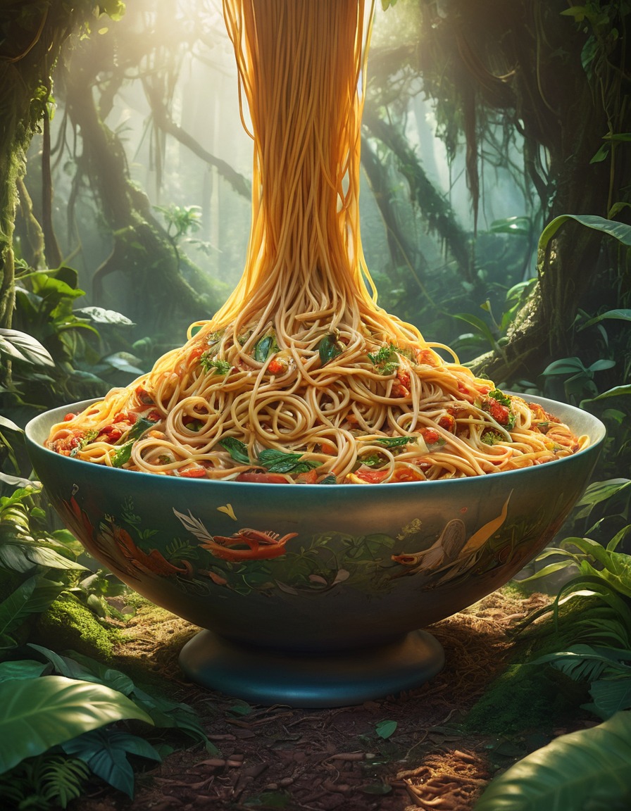 strange, giant, spaghetti, jungle, food, mystery, uncanny