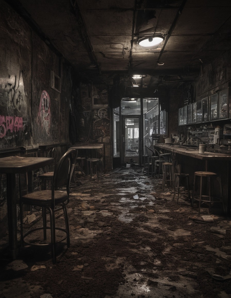 coffee shop, abandoned building, urban decay, cityscape, city life