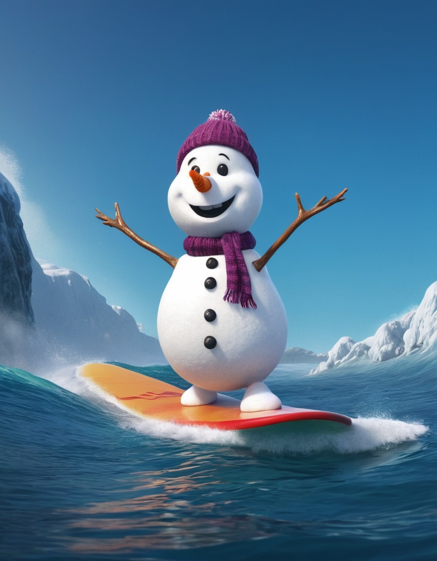 snowman, surfing, ocean, unusual, water sports, winter, nature