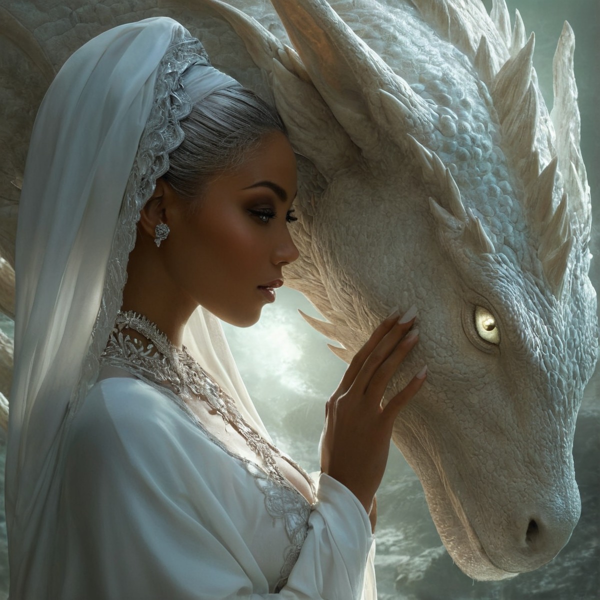 fantasyart, fantasycharacter, dragon, beauty, magic, dungeonsanddragons, fantasy, fantasygirl, mage, sorceress, whitedragon, whitemage, dragonwhisperer, aiart, midjourney, midjourneyai, midjourneyart, midjourneyaiart