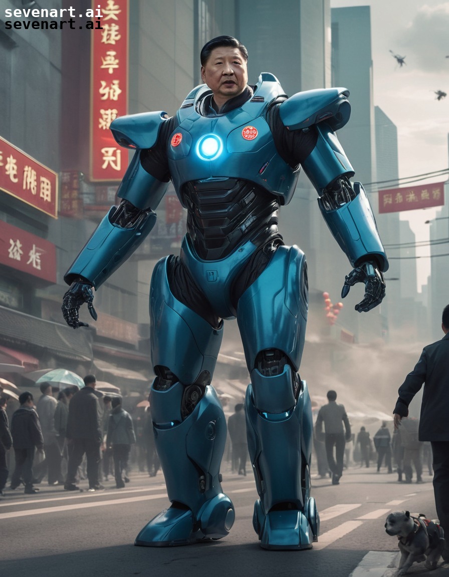 xi jinping, robot suit, alien invasion, futuristic, beijing, china