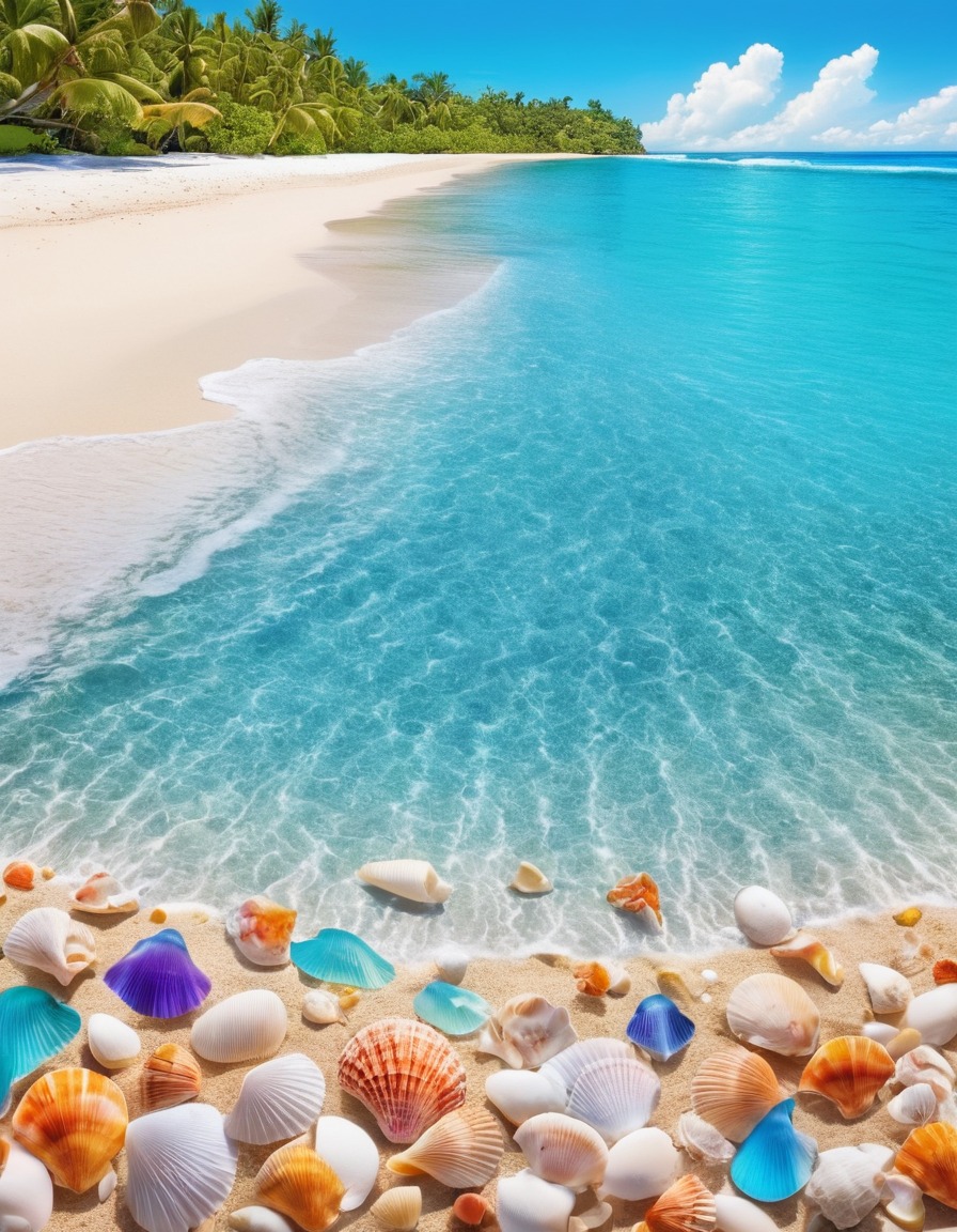 beach, pristine, crystal-clear water, colorful shells, panorama