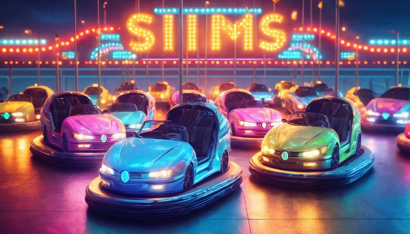 bumper, cars, fairground, lights, neon