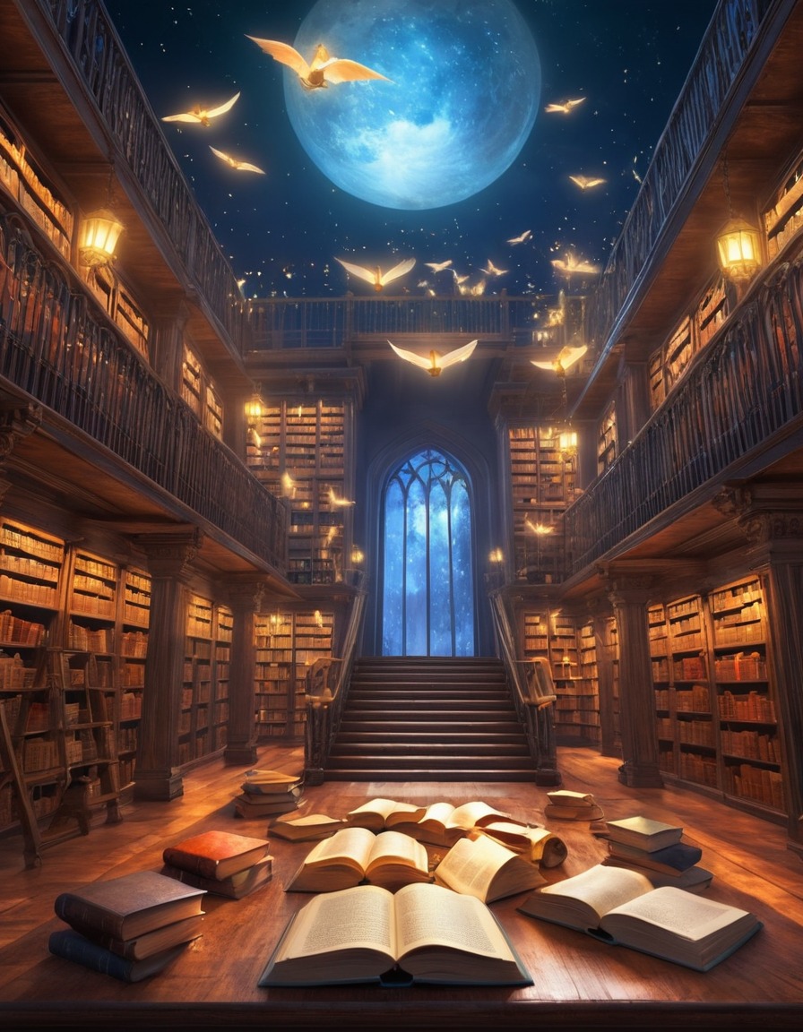 magical library, flying books, self-reading, enchanted scene, fantasy setting, visitor experience, literary magic