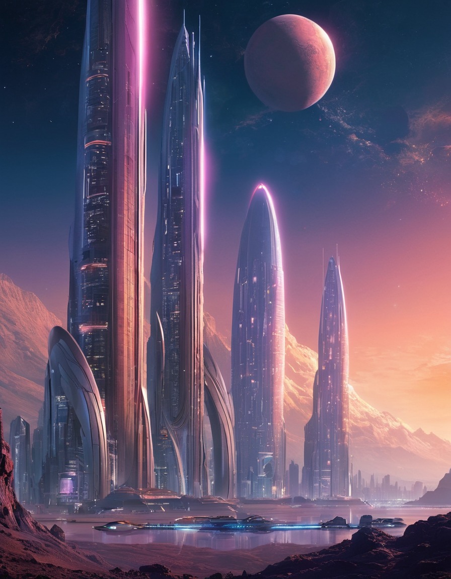 futuristic, cityscape, distant planet, skyscrapers, space scene