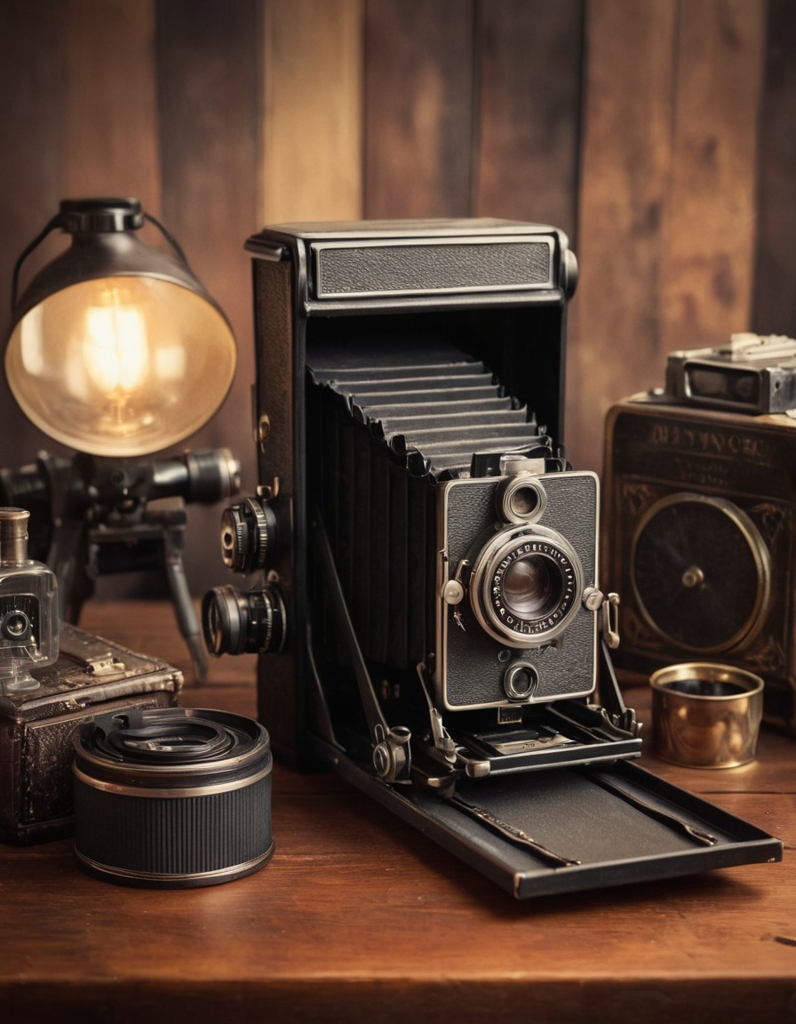 film camera, vintage, photography, equipment, film rolls, wooden desk