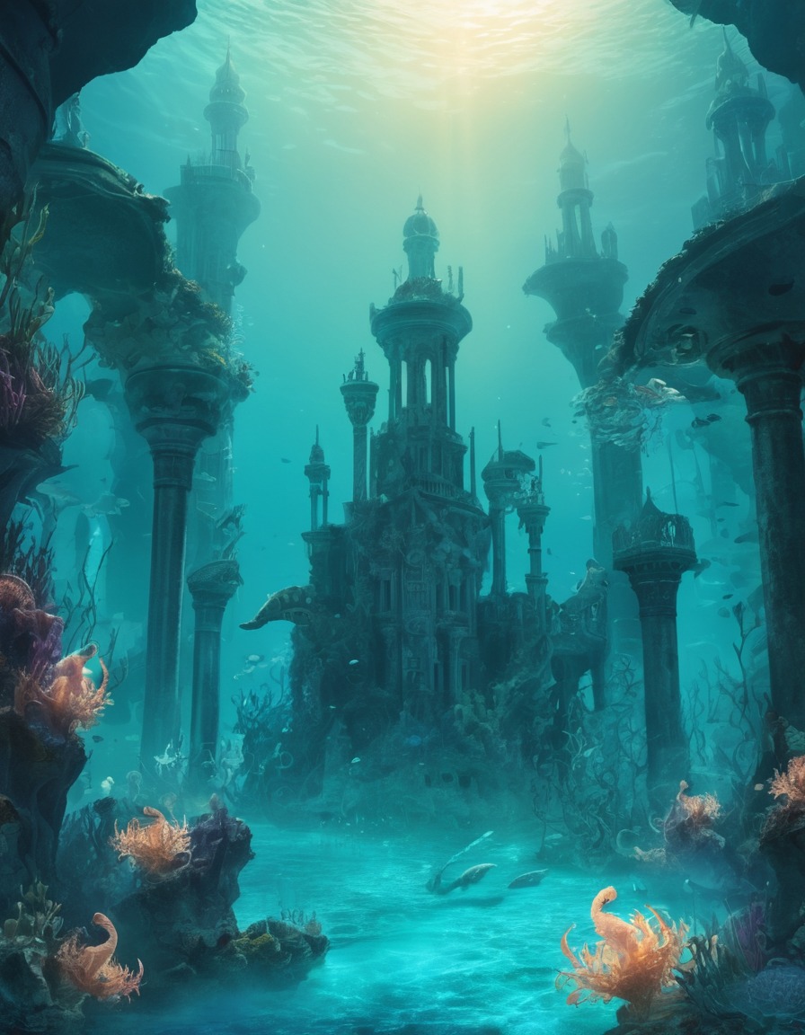 underwater, city, mystical, ethereal, seahorses, fantastic