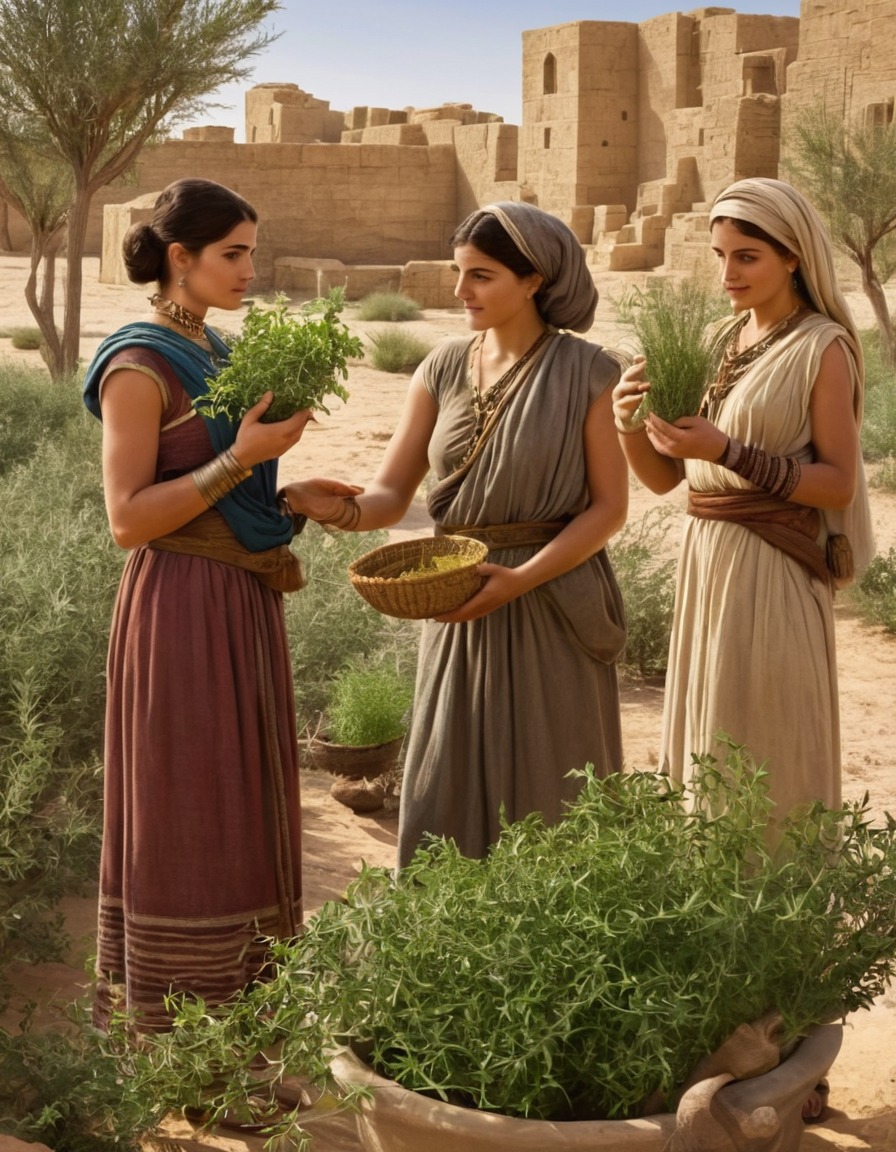 ancient women, herbalism, medicine, ancient mesopotamia, herbs, plant gathering, 1500 bc