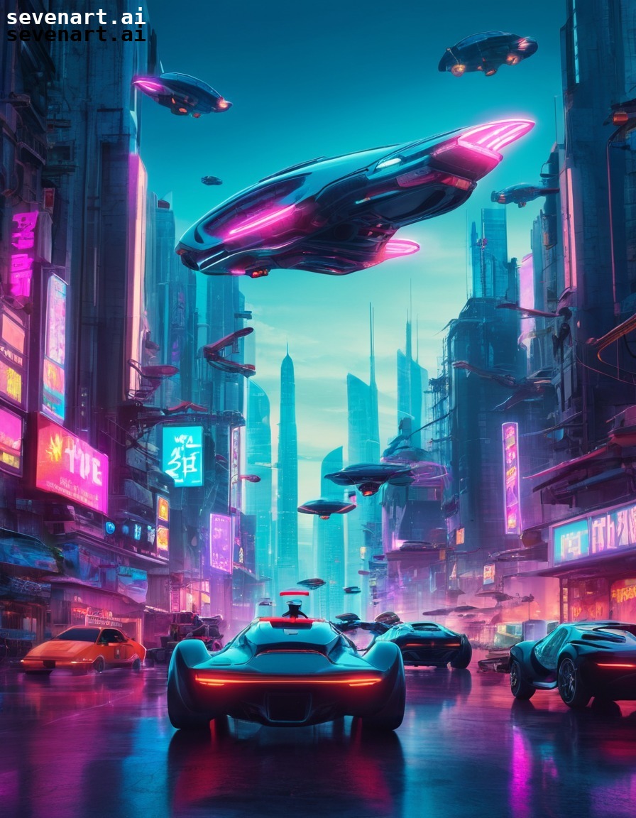 futuristic, cityscape, flying cars, neon signs, technology, modern city, city