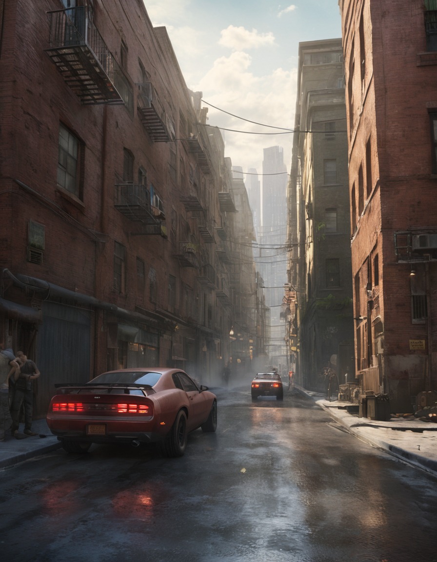 urban, chase scene, alleyways, fast-paced, cityscape