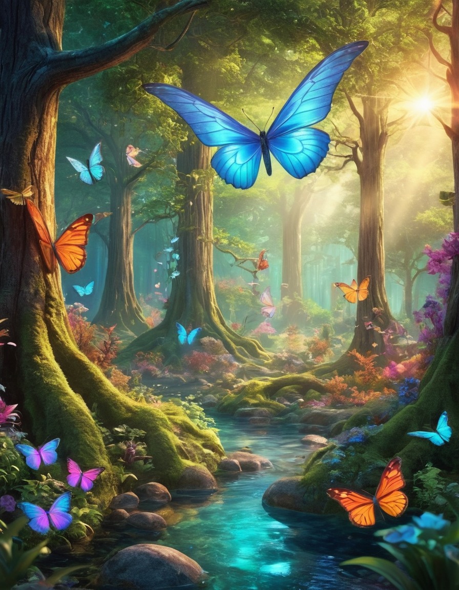 magical forest, glowing trees, iridescent wings, mystical creatures, fantastic