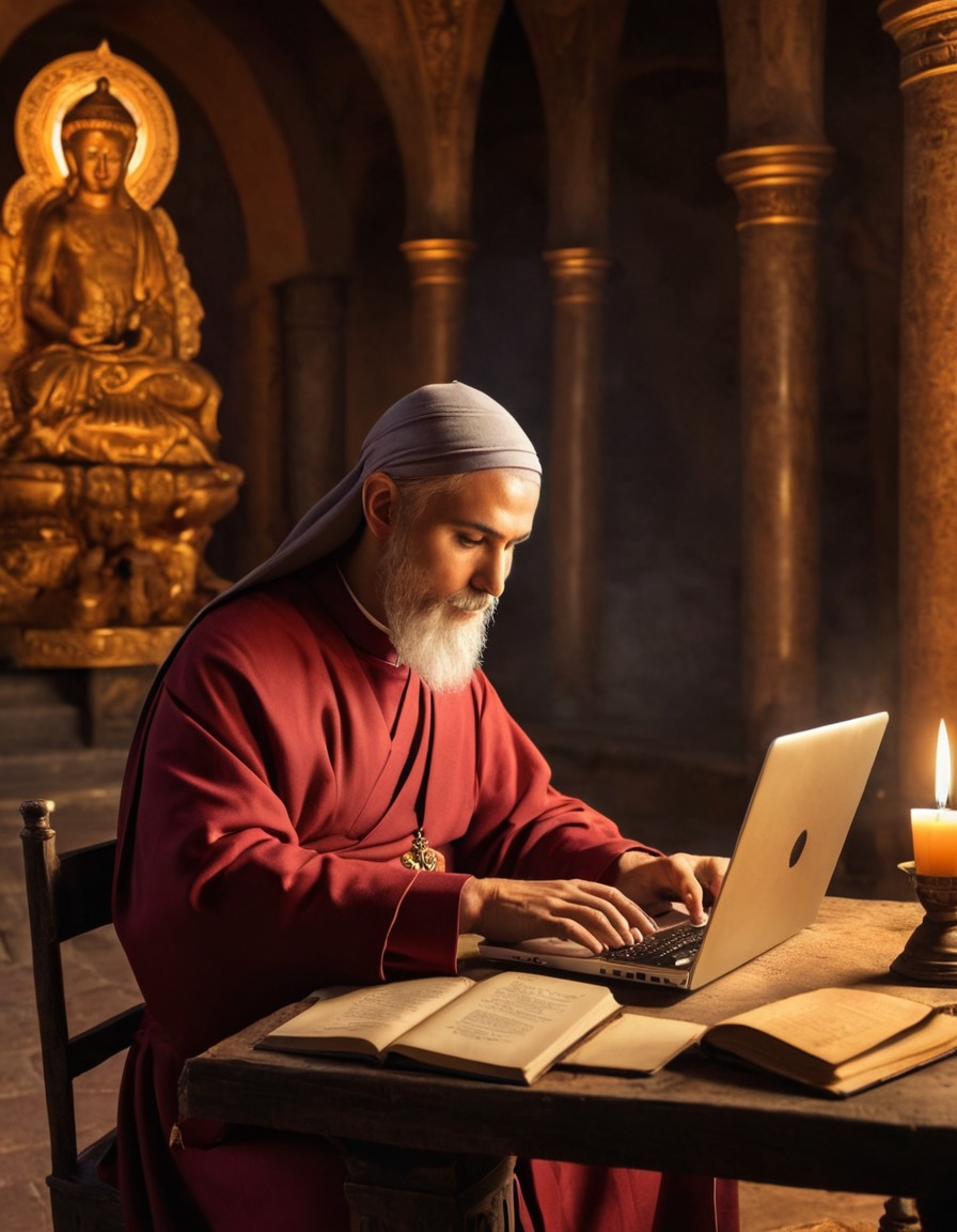 monastery, scribe, laptop, technology, writing, medieval, art