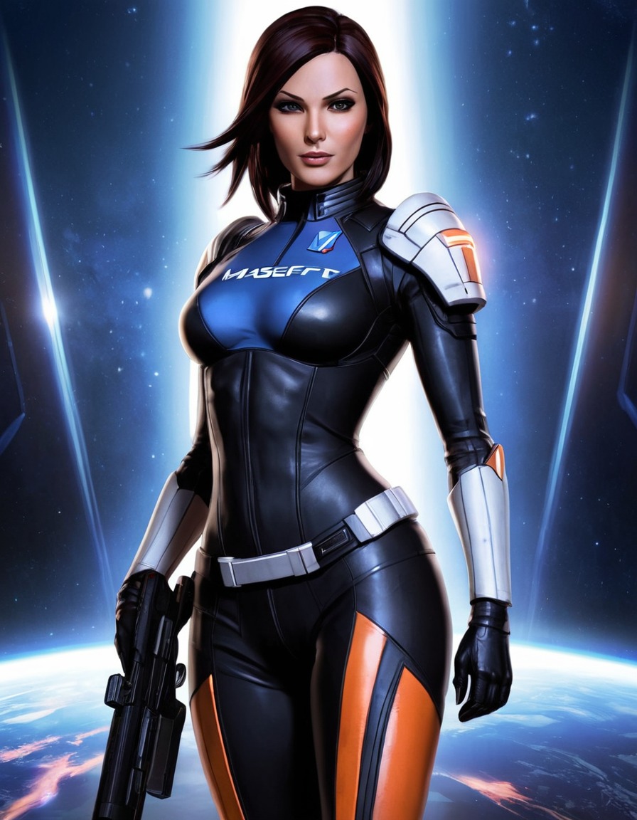 miranda lawson, mass effect, biotic abilities, power stance, video game character, sci-fi, digital art, anime, games