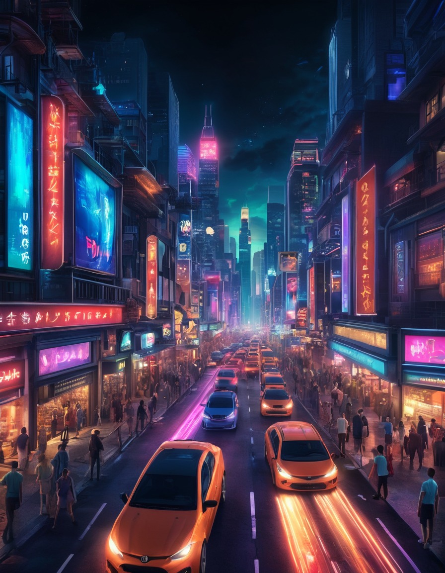 cityscape, nightlife, neon lights, urban, traffic, vibrant