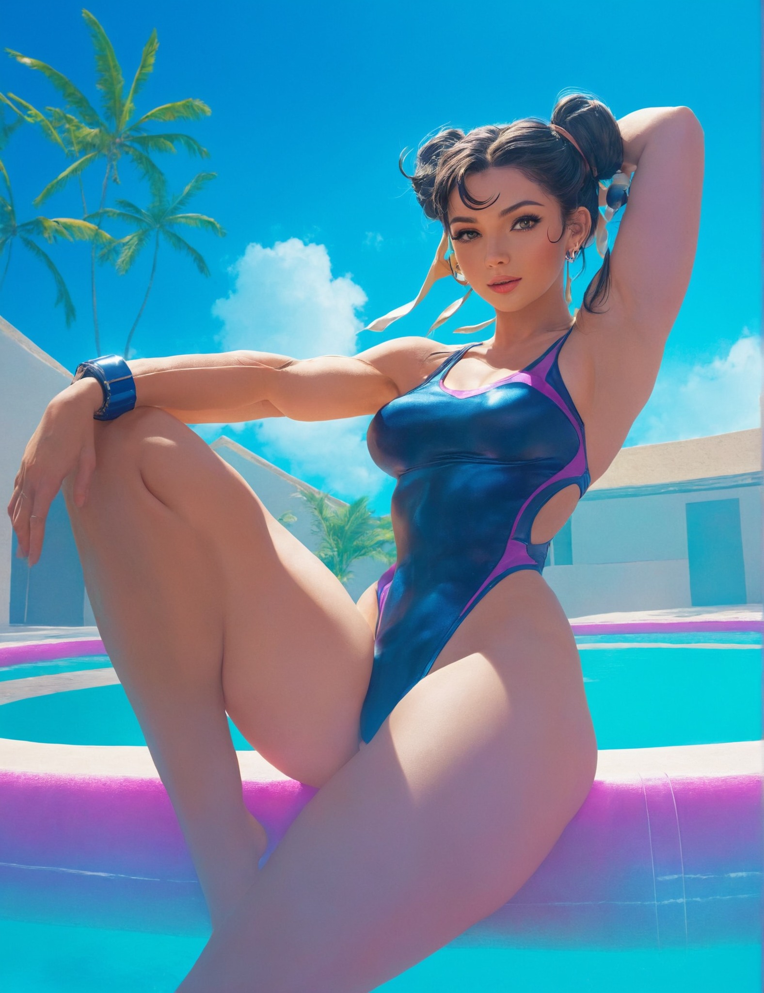 chun-li, street fighter, art, purple, pink, neon, sexy, blue, anime