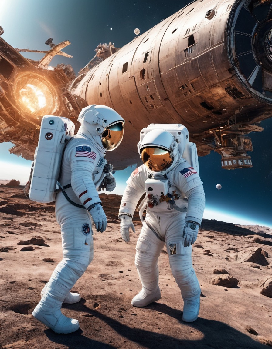 astronauts, spacewalk, space exploration, space scene, damaged ship, astronaut duo, outer space