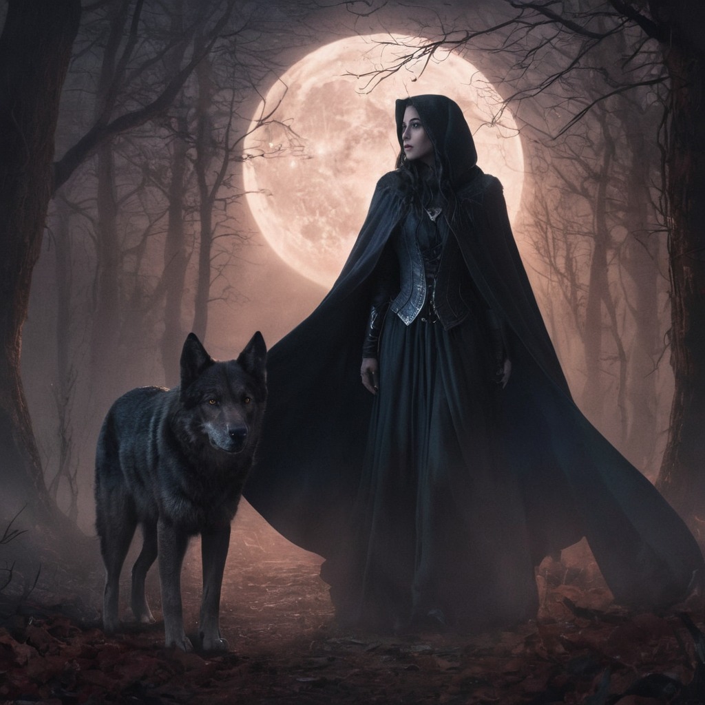 digitalart, fantasyart, dreamup, fantasycharacter, warrior, magic, forest, witch, badmoonrising, darkfairytales, darkfantasy, moon, supernatural, tombstones, werewolf, wolf, ghastlyghouls, ai_art