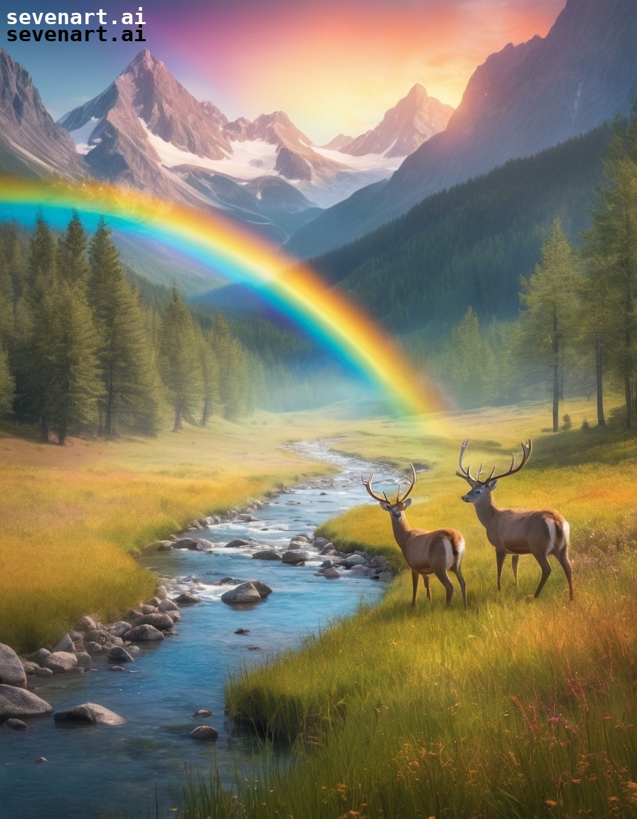 nature, rainbow, stream, meadow, deer