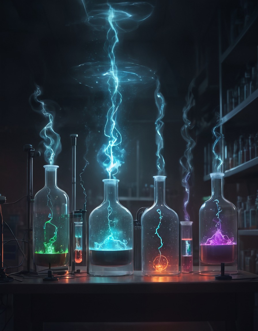 laboratory, mysterious, bubbling vials, tesla coils, dimly lit, lovecraft, howard lovecraft