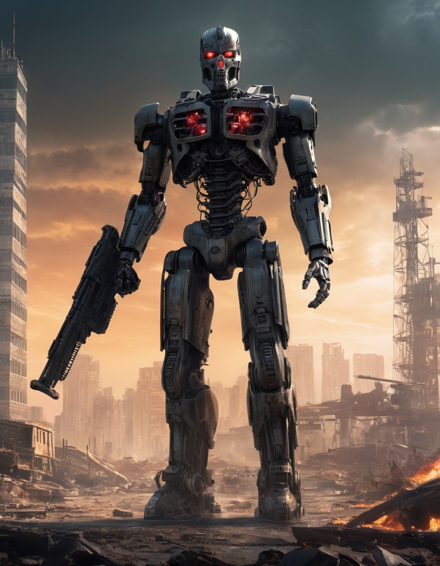 t-800, terminator, post-apocalyptic, cityscape, robots, games, movies