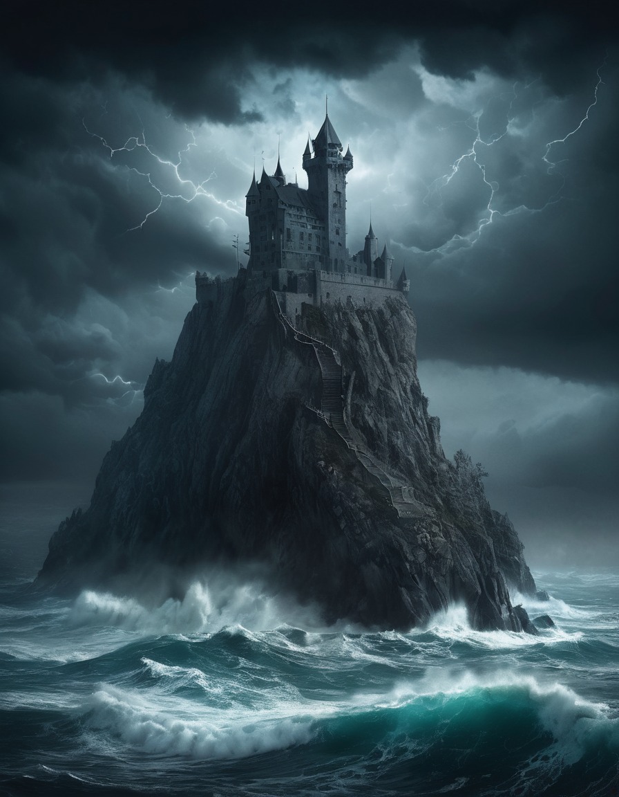 castle, cliff, stormy seas, sinister, gothic, underground, dark