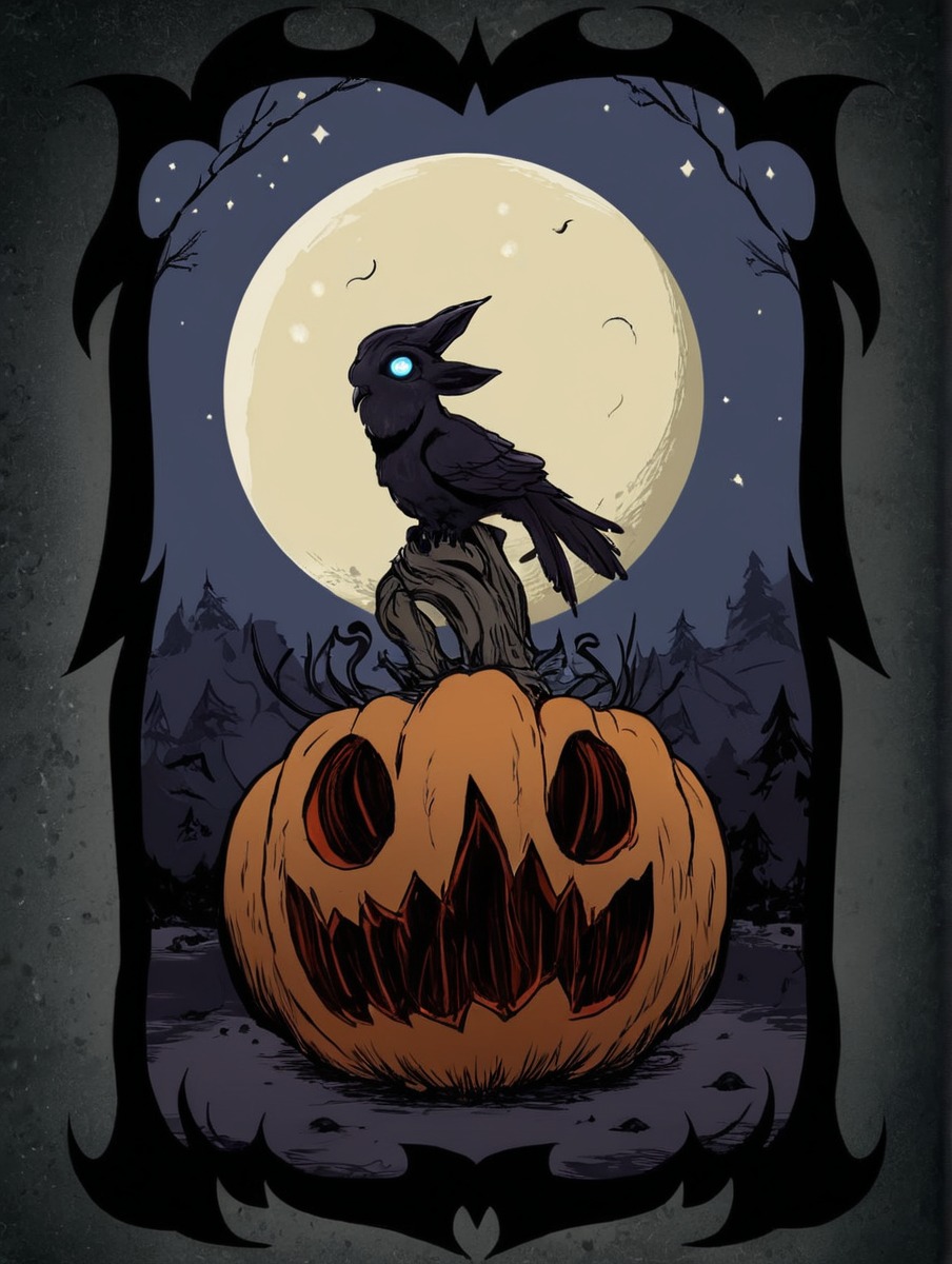 spooky, halloween, cartoon, crow, moon, night, pumpkin