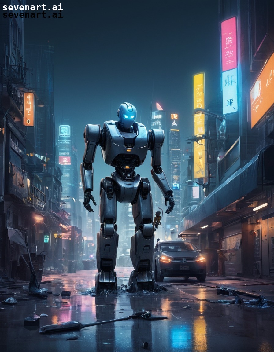 futuristic, robot, city, night, cleaning, robots