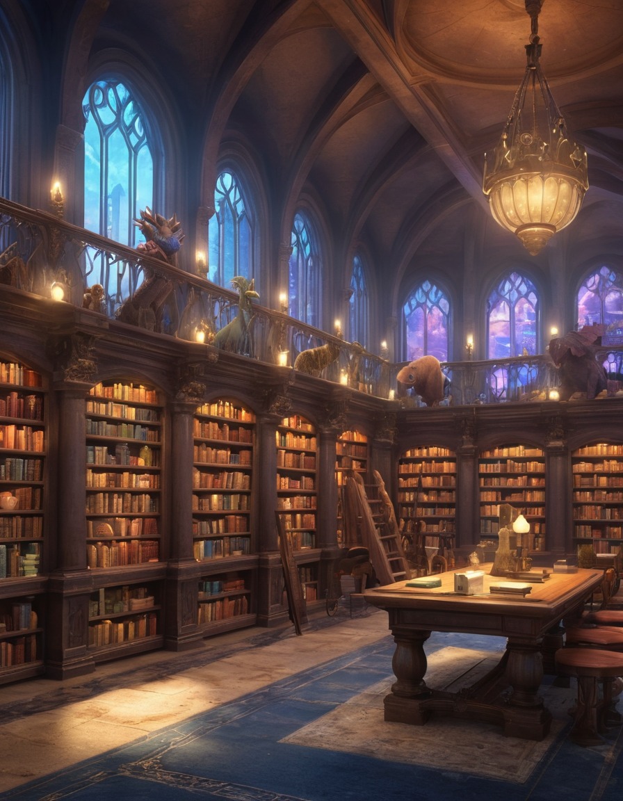 fantasy, library, fictional creatures, magical, urban fantasy, big city, literature