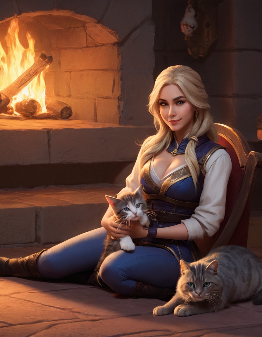 fantasy, mage, cat, fireplace, relaxation, games, girls from games