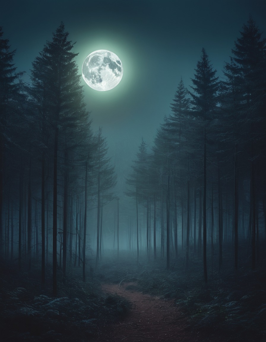 moonlight, misty, forest, ethereal, nature