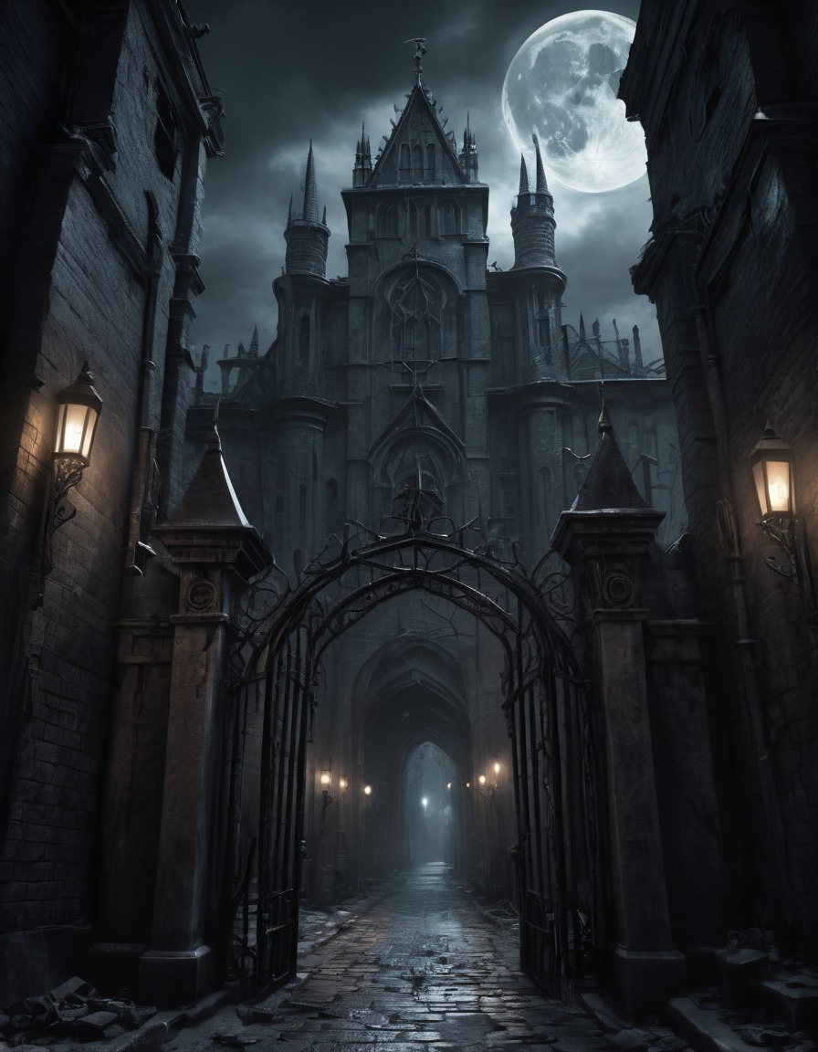 dark, gothic, alleyway, twisted iron gates, ominous gargoyles, underground