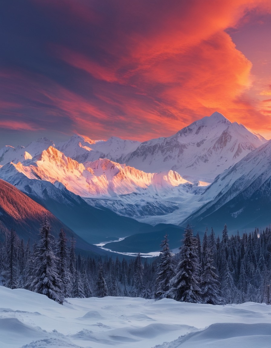 sunrise, mountains, snow-capped, panoramic view, scenic landscape