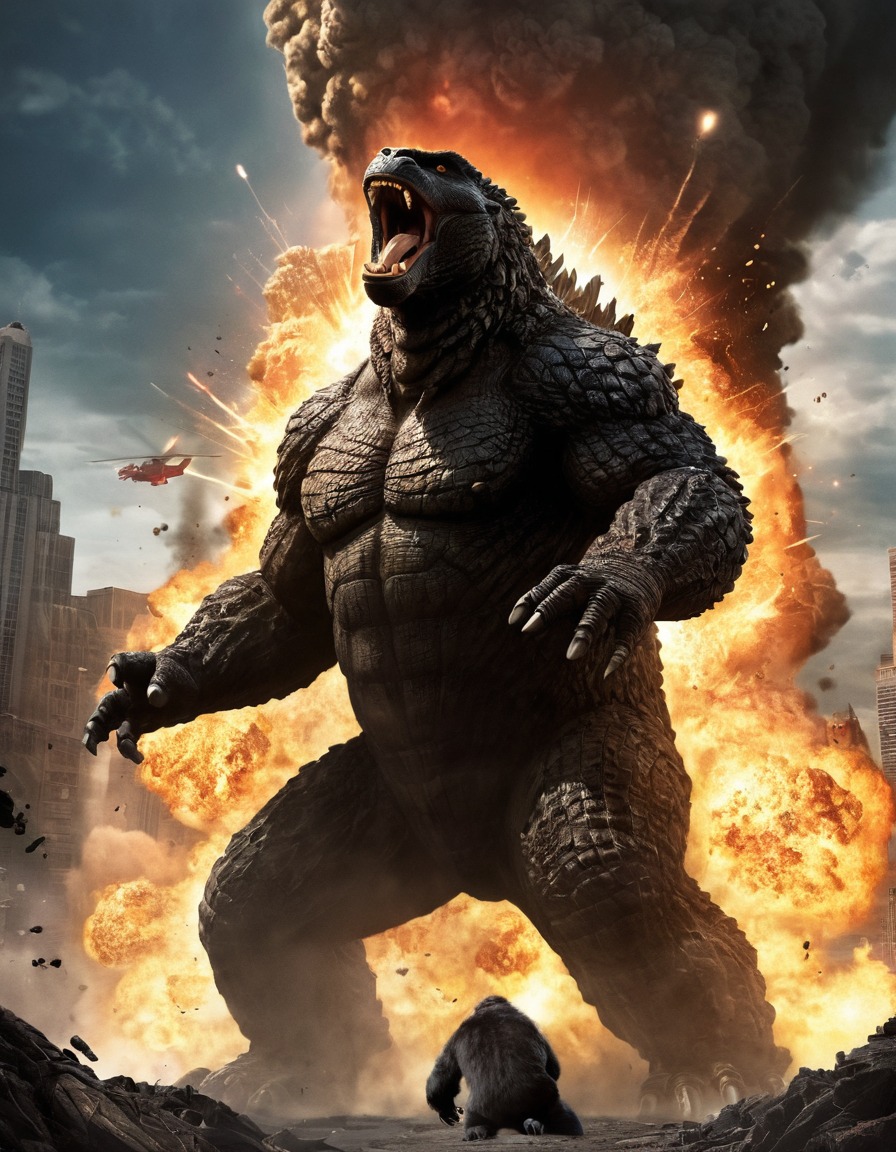 godzilla, king kong, monster battle, atomic breath, destruction, action scene, kong