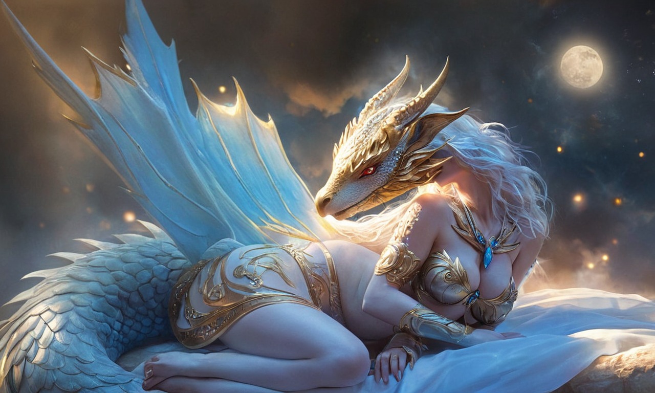 characterdesign, digitalart, dragon, fantasyart, magic, conceptart, crown, fantasy, fullmoon, night, peaceful, princess, protection, rest, sleepingbeauty, midjourney