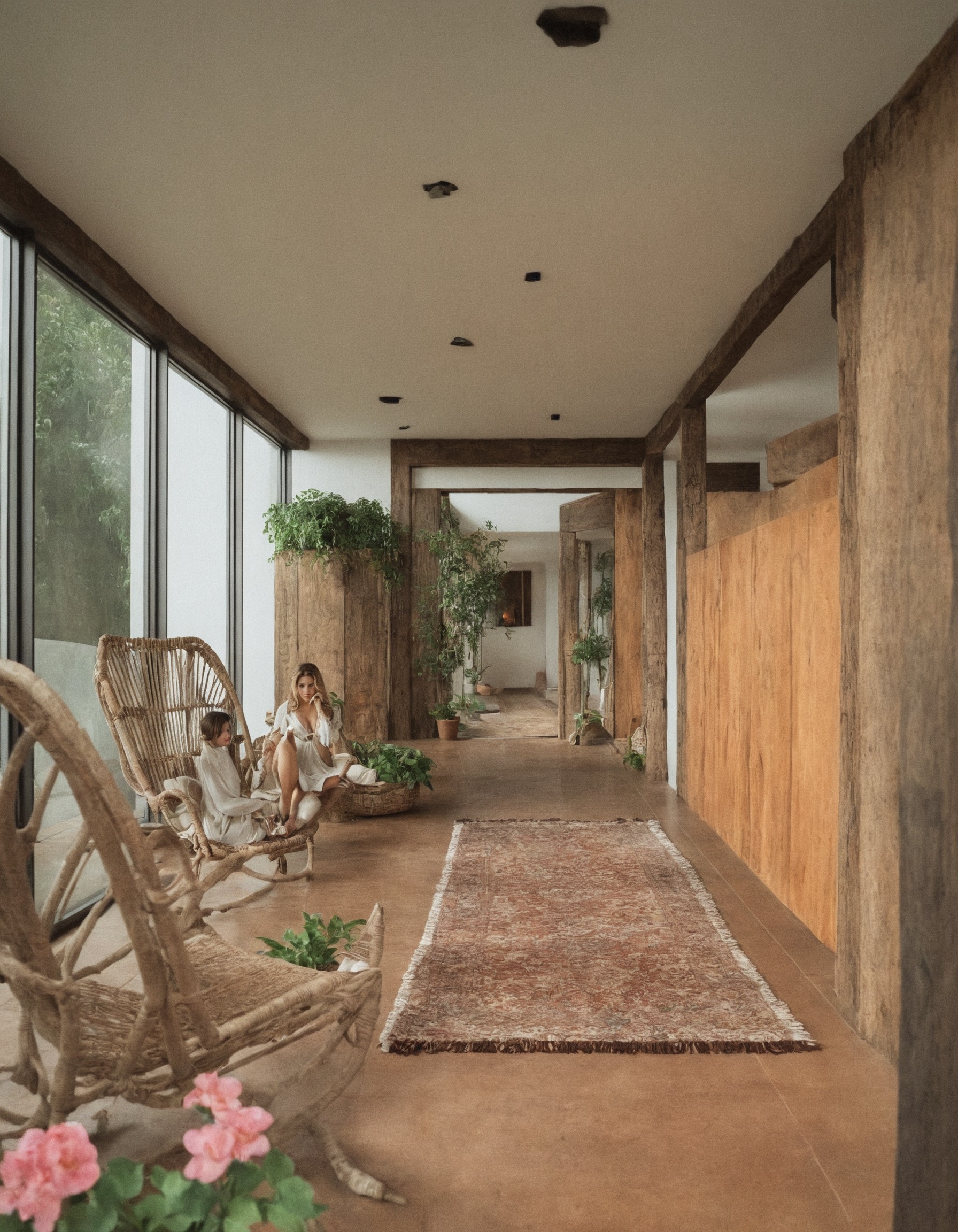 vintage, vintage interior, 1990s, 90s, interior design, home decor, solarium, living room, sunroom, kilim rug, twig furniture, terracotta, flooring, picture window, flowers, country, farmhouse, style, home