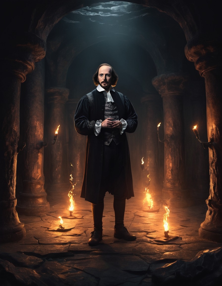 william shakespeare, torches, underground chamber, literature, theater, poet, dramatist