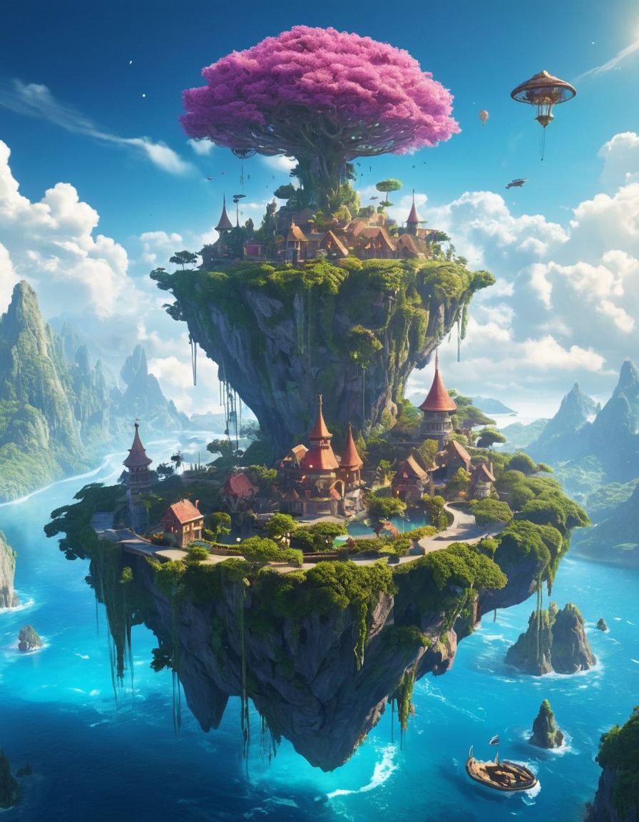 floating island, sky, winged beings, magic, fantasy, community, fantastic