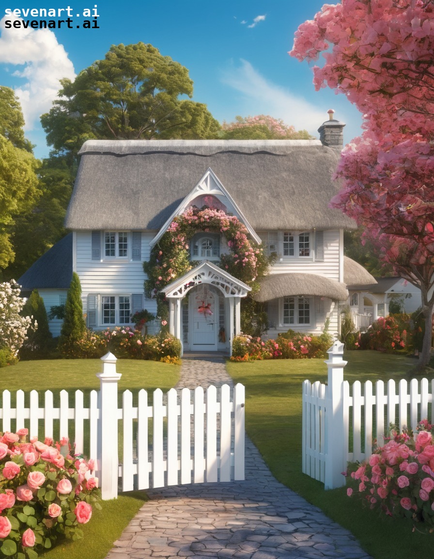 storybook, house, thatched roof, picket fence, rose-covered arbor, home