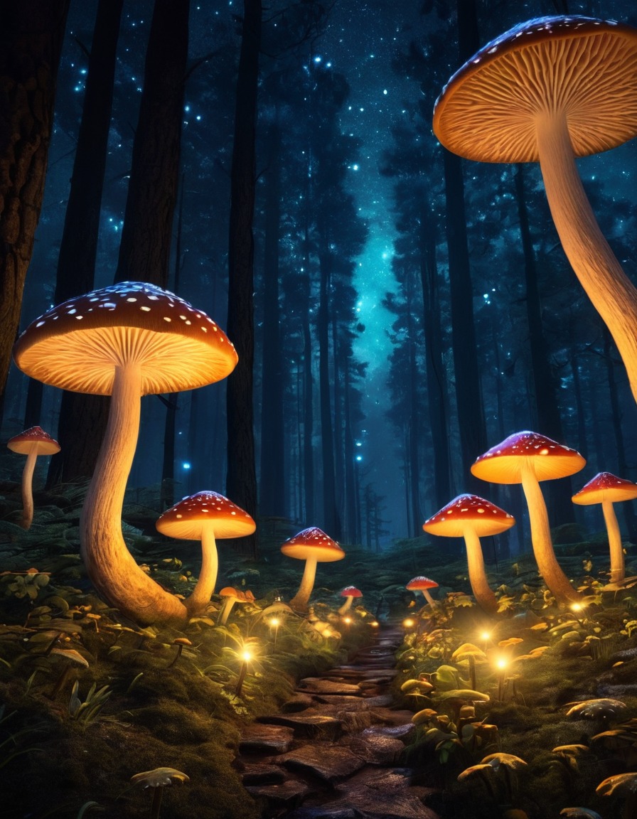 enchanted forest, glowing mushrooms, night sky, fantasy scene, bioluminescent fungi, magical atmosphere, starlight