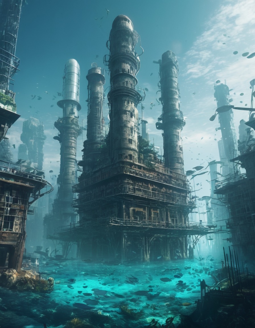 underwater city, renewable energy, post-apocalyptic, future society, environmental sustainability, future