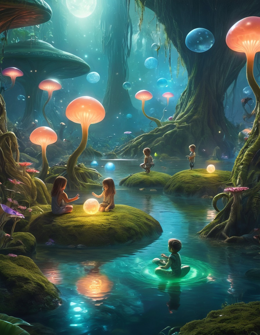 alien children, fantastical orbs, glowing, serene garden, floating creatures, extraterrestrial, aliens