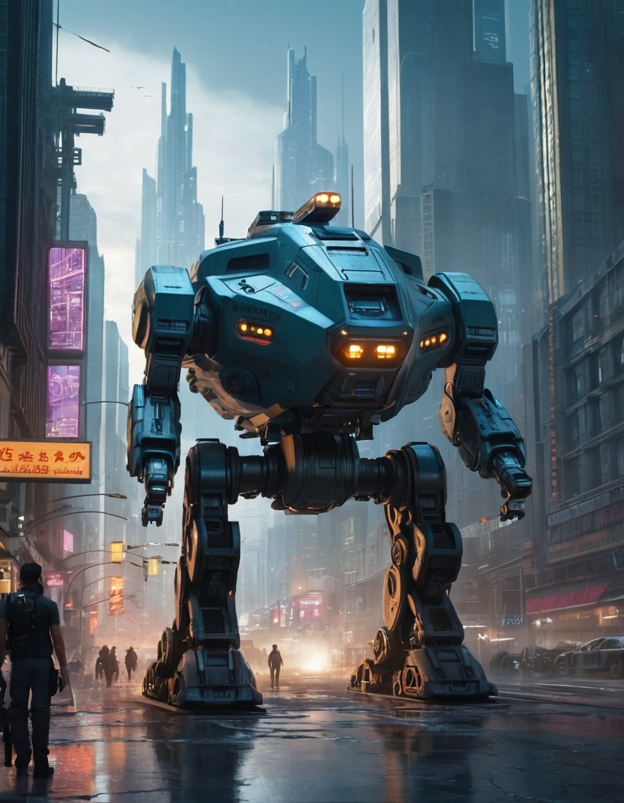 futuristic, robot, ed-209, cityscape, technology, sci-fi, robots, games, movies