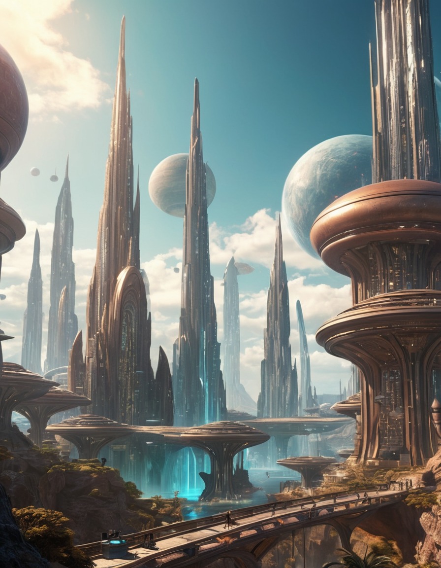 futuristic, cityscape, alien planet, floating architecture, extraterrestrial, aliens