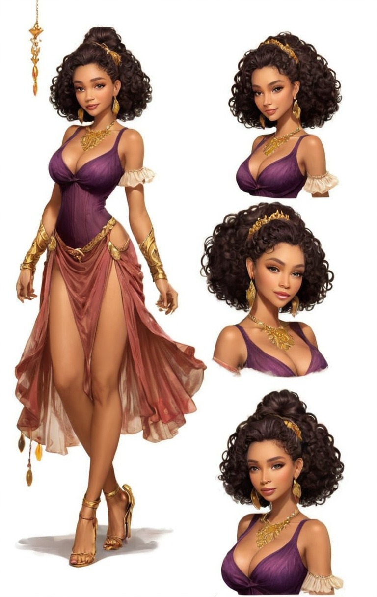 characterdesign, fantasycharacter, digitalart, cartoon, conceptart, characterconcept, beautiful, bosoms, curlyhair, dress, fashion, female, girl, gypsy, seethrough, style