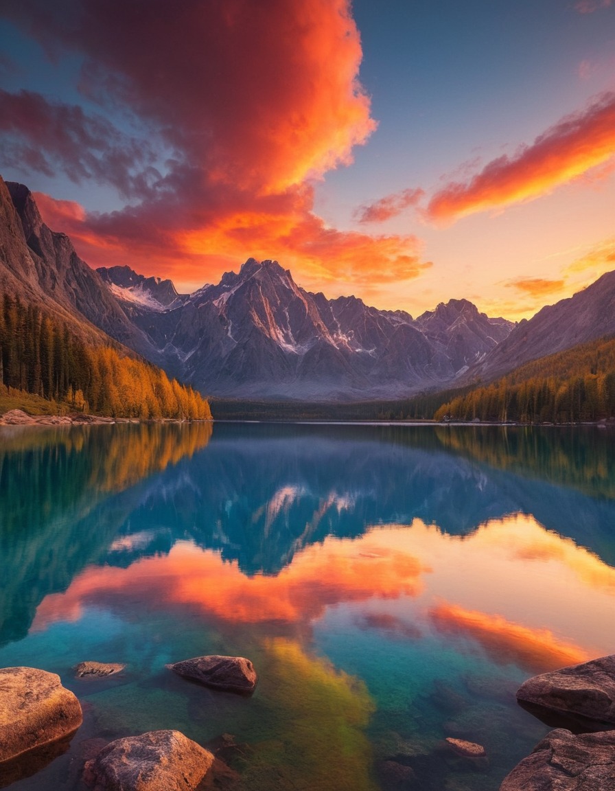 sunset, vibrant, mountain, lake, nature, calm